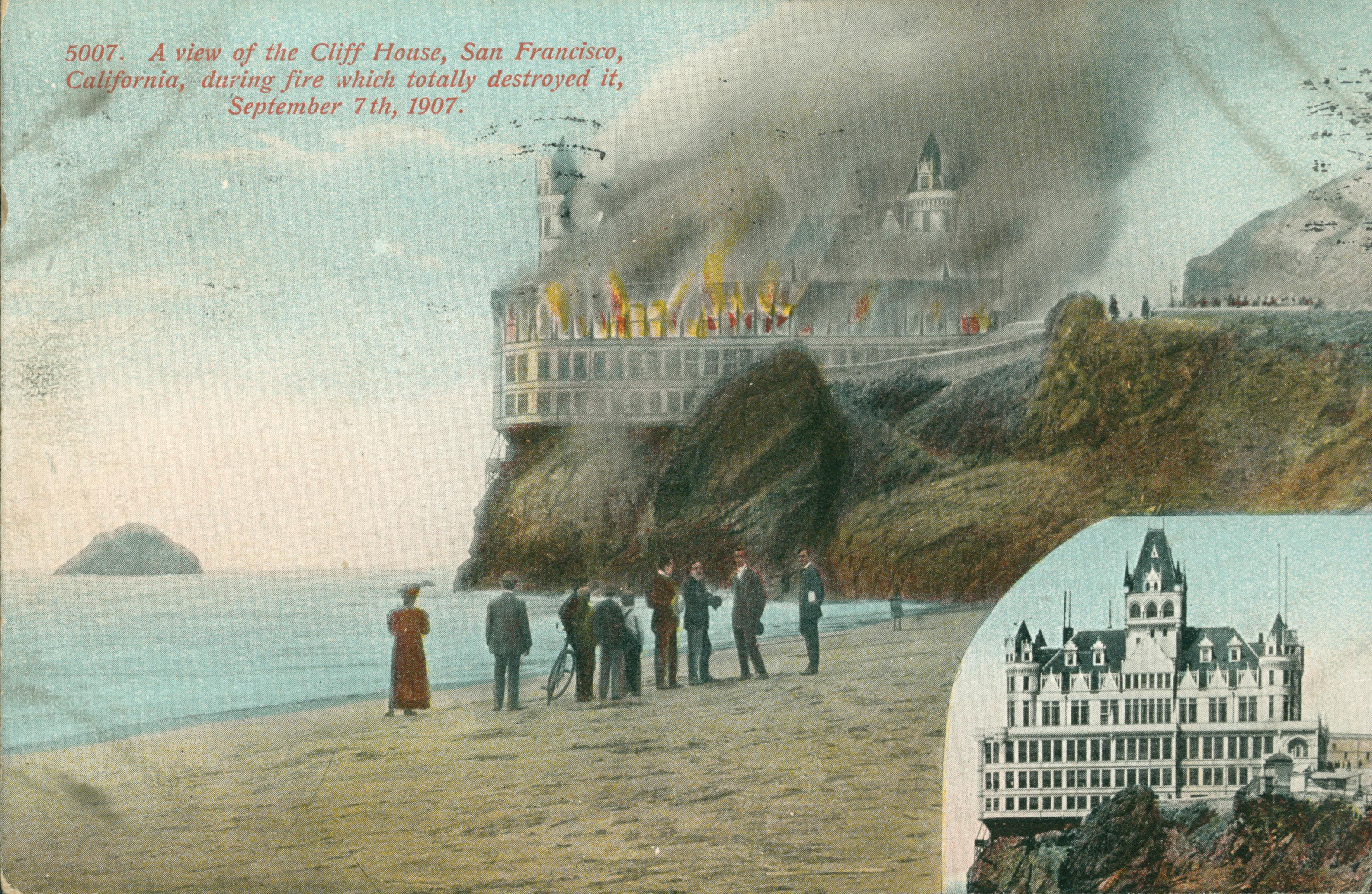 Shows the Cliff House on fire with several individuals looking on from the beach.